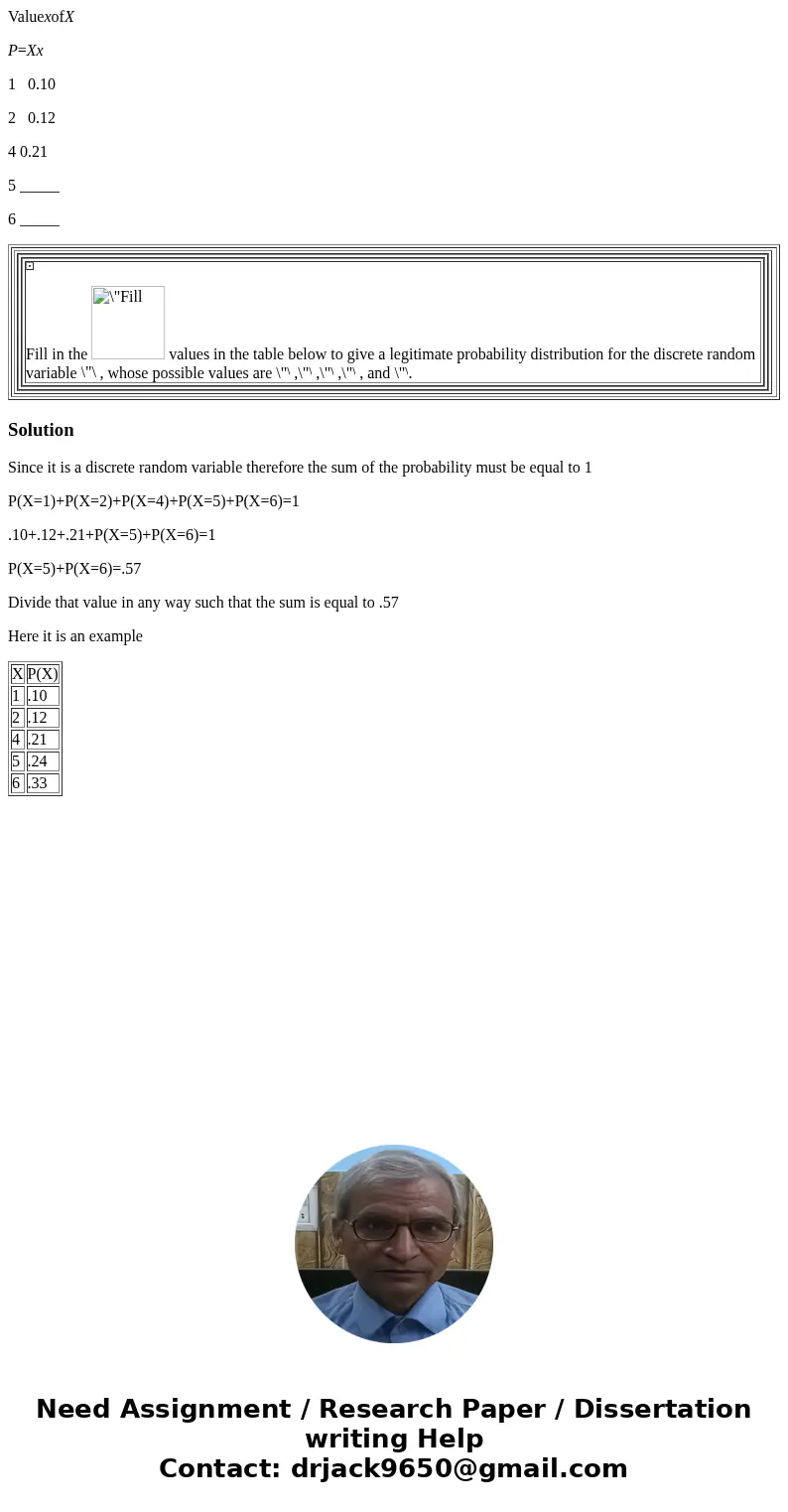 ValuexofX P=Xx 1 0.10 2 0.12 4 0.21 5 _____ 6 _____ Fill in the values in the table below to give a legitimate probability distribution for the discrete random  ValuexofX P=Xx 1 0.10 2 0.12 4 0.21 5 _____ 6 _____ Fill in the values in the table below to give a legitimate probability distribution for the discrete random