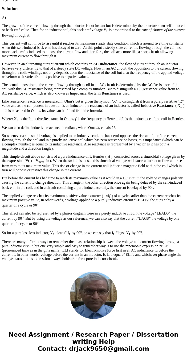  V(t) = Viet SolutionA) The growth of the current flowing through the inductor is not instant but is determined by the inductors own self-induced or back emf va
