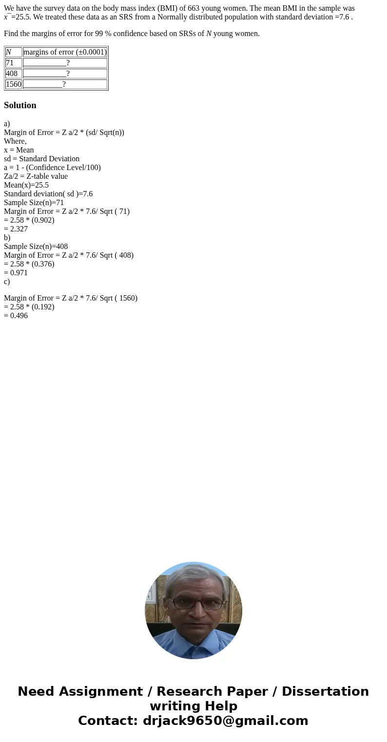 We have the survey data on the body mass index (BMI) of 663 young women. The mean BMI in the sample was x¯=25.5. We treated these data as an SRS from a Normally We have the survey data on the body mass index (BMI) of 663 young women. The mean BMI in the sample was x¯=25.5. We treated these data as an SRS from a Normally