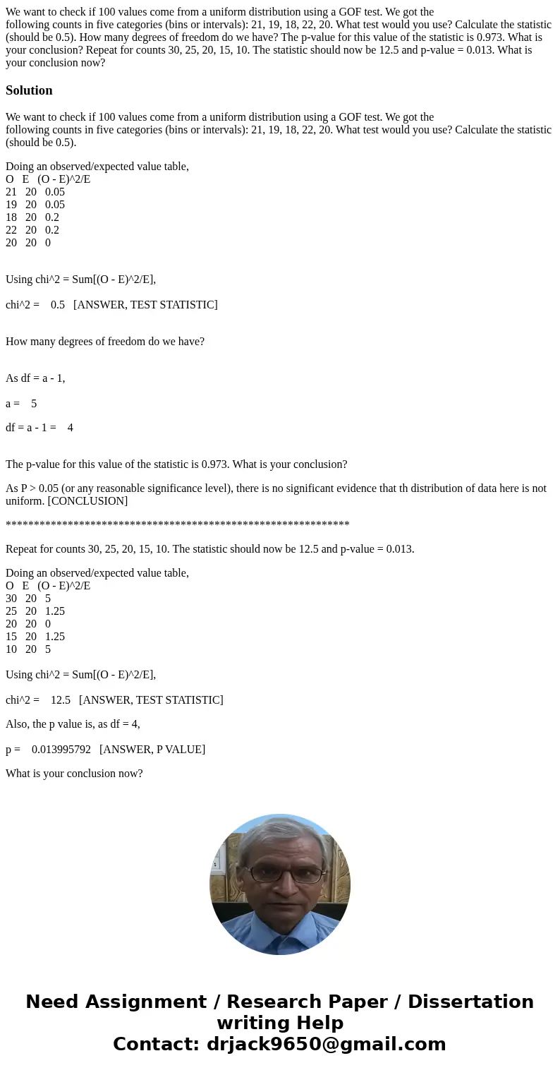 We want to check if 100 values come from a uniform distribution using a GOF test. We got the following counts in five categories (bins or intervals): 21, 19, 18 We want to check if 100 values come from a uniform distribution using a GOF test. We got the following counts in five categories (bins or intervals): 21, 19, 18