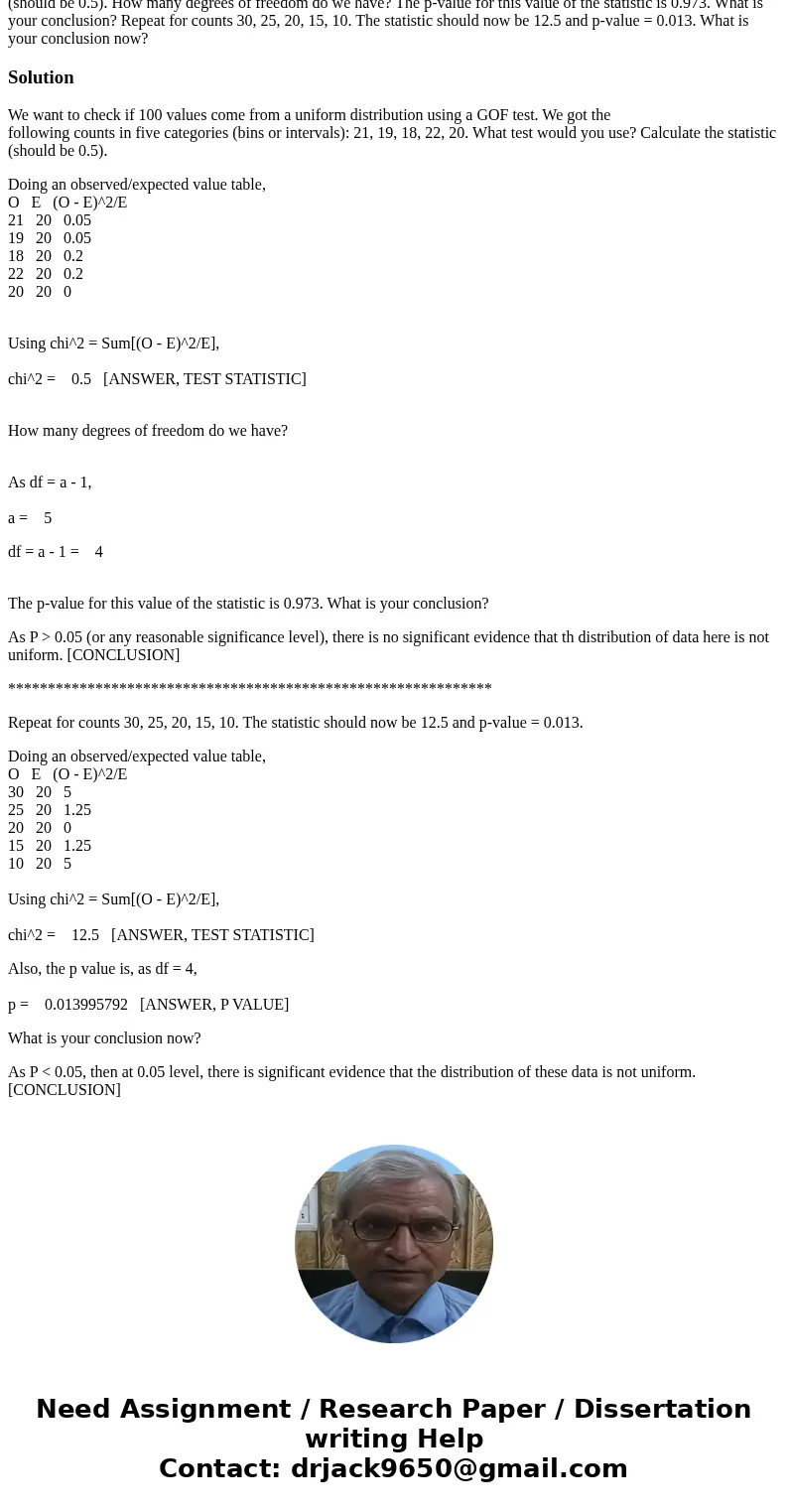 We want to check if 100 values come from a uniform distribution using a GOF test. We got the following counts in five categories (bins or intervals): 21, 19, 18 We want to check if 100 values come from a uniform distribution using a GOF test. We got the following counts in five categories (bins or intervals): 21, 19, 18