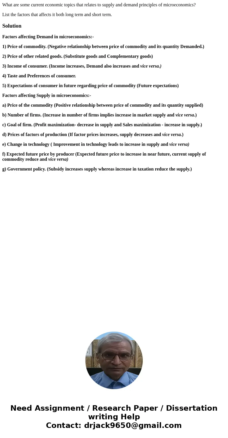 What are some current economic topics that relates to supply and demand principles of microeconomics? List the factors that affects it both long term and short  What are some current economic topics that relates to supply and demand principles of microeconomics? List the factors that affects it both long term and short