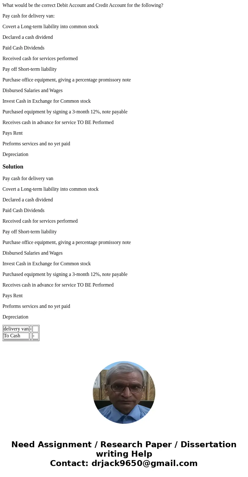 What would be the correct Debit Account and Credit Account for the following? Pay cash for delivery van: Covert a Long-term liability into common stock Declared What would be the correct Debit Account and Credit Account for the following? Pay cash for delivery van: Covert a Long-term liability into common stock Declared
