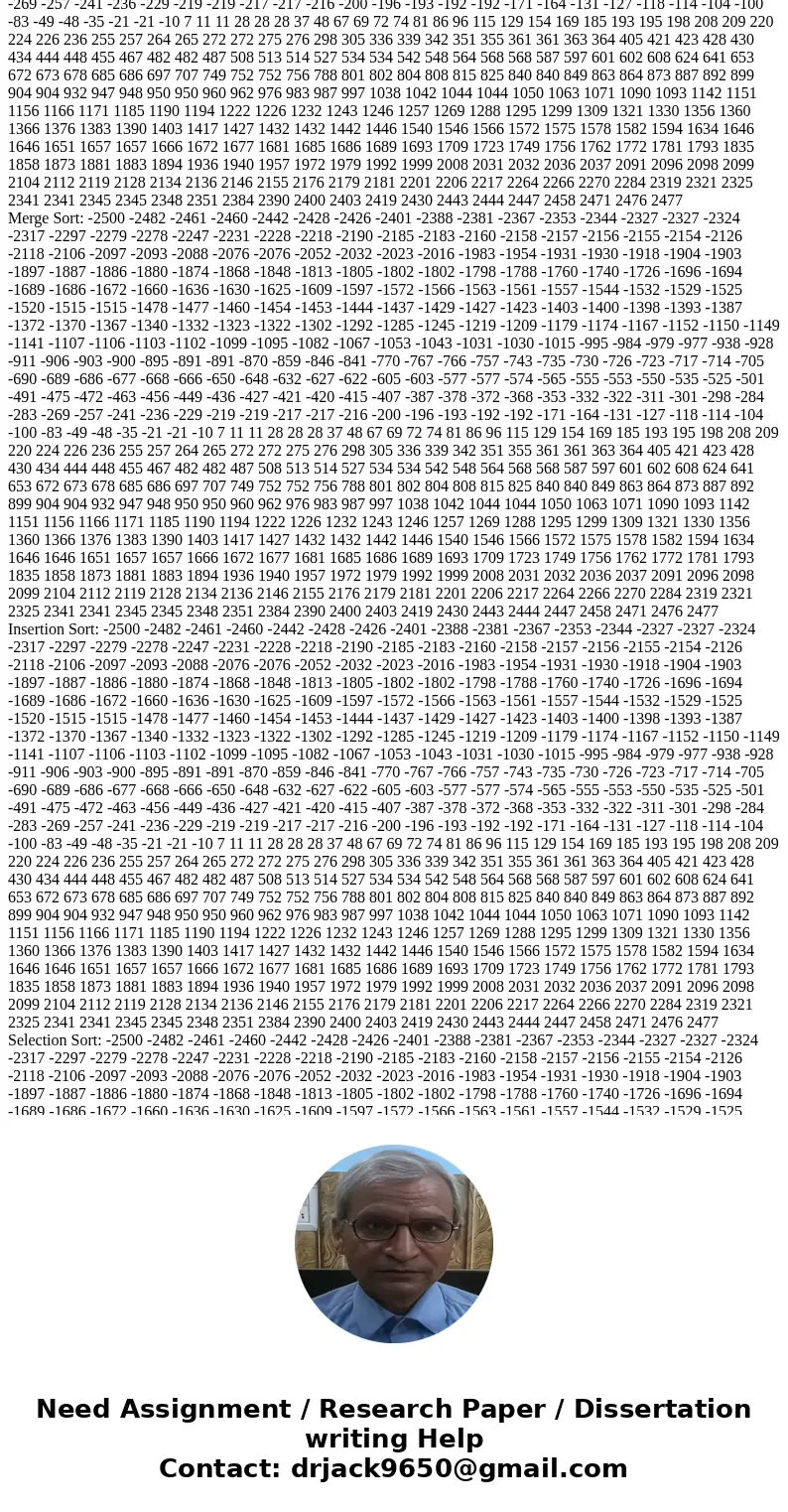  Write code to calculate quick sort, merge sort, selection sort, and insertion sort to sort 50, 500, 5000 random numbers between [-2500, 2500]. See my examples 