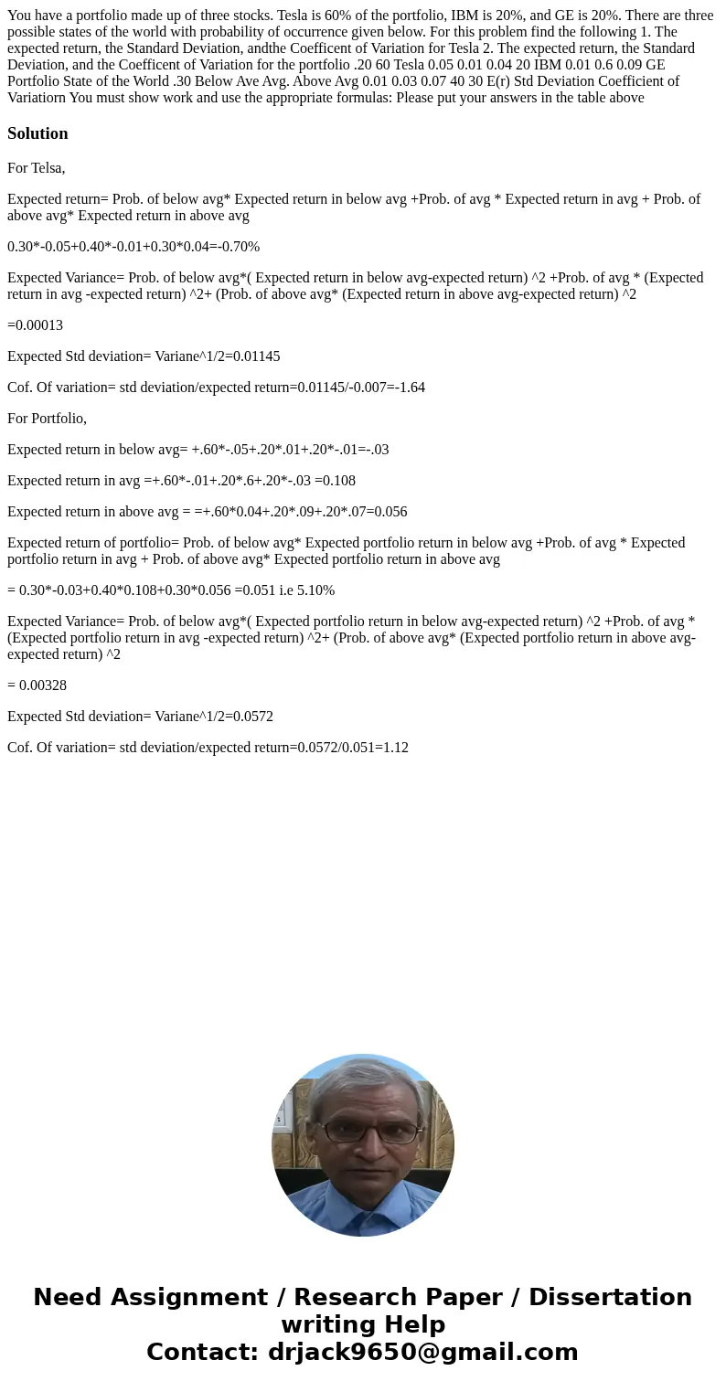 You have a portfolio made up of three stocks. Tesla is 60% of the portfolio, IBM is 20%, and GE is 20%. There are three possible states of the world with proba  You have a portfolio made up of three stocks. Tesla is 60% of the portfolio, IBM is 20%, and GE is 20%. There are three possible states of the world with proba