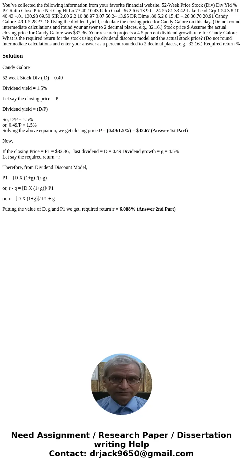 You’ve collected the following information from your favorite financial website. 52-Week Price Stock (Div) Div Yld % PE Ratio Close Price Net Chg Hi Lo 77.40 10 You’ve collected the following information from your favorite financial website. 52-Week Price Stock (Div) Div Yld % PE Ratio Close Price Net Chg Hi Lo 77.40 10