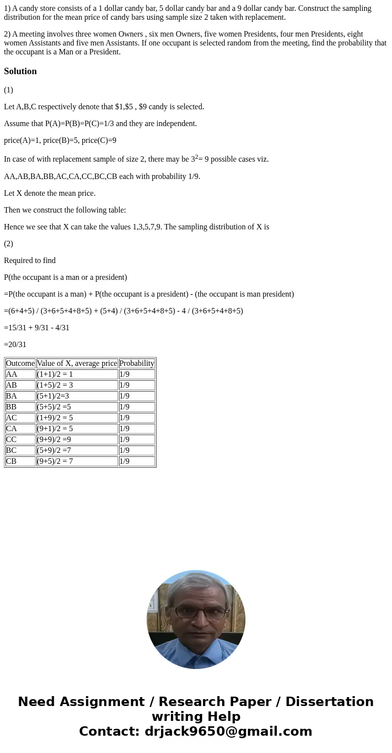 1) A candy store consists of a 1 dollar candy bar, 5 dollar candy bar and a 9 dollar candy bar. Construct the sampling distribution for the mean price of candy 