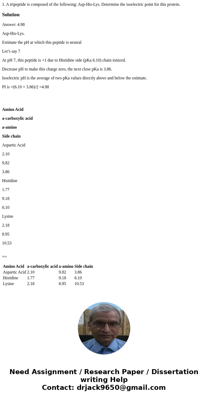 1. A tripeptide is composed of the following: Asp-His-Lys. Determine the isoelectric point for this protein.SolutionAnswer: 4.98 Asp-His-Lys. Estimate the pH at