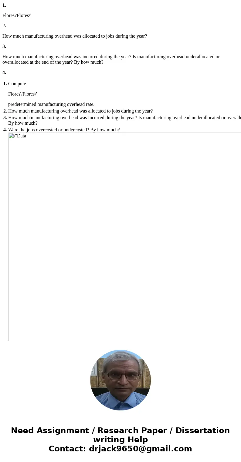 1. Flores\'Flores\' 2. How much manufacturing overhead was allocated to jobs during the year? 3. How much manufacturing overhead was incurred during the year? I