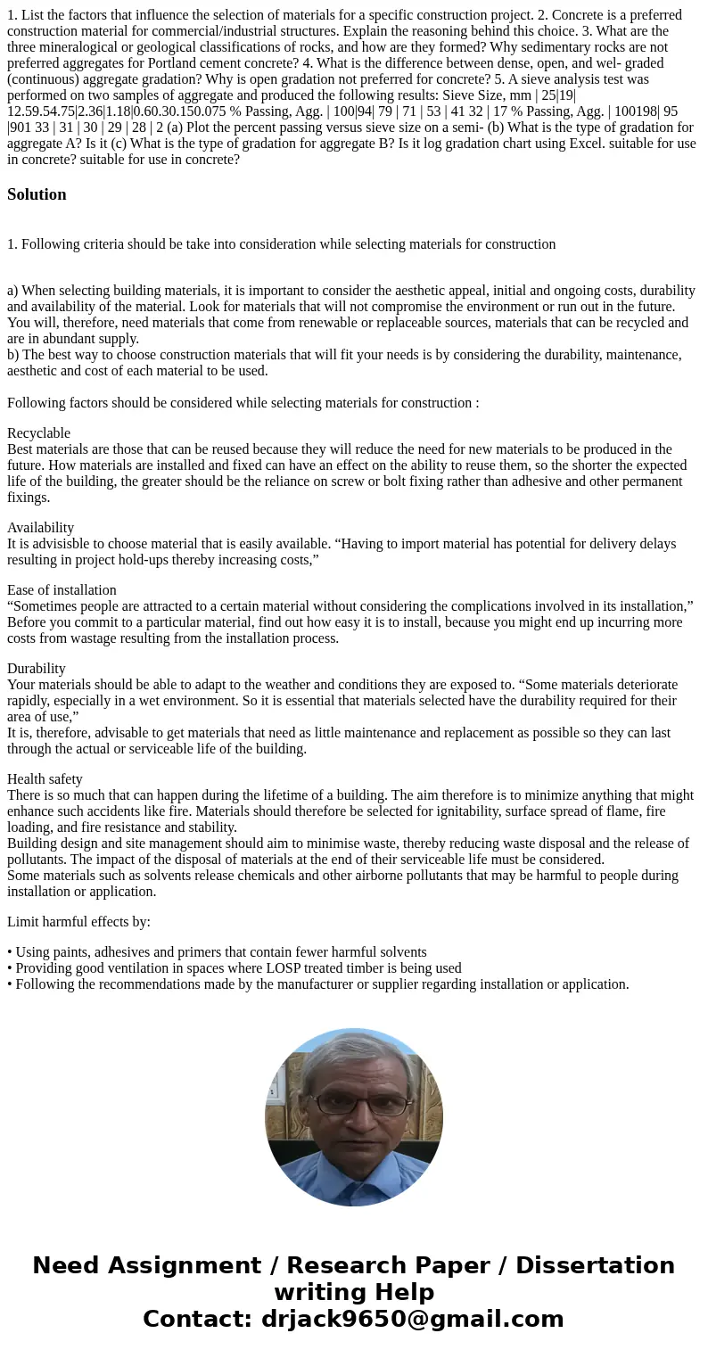  1. List the factors that influence the selection of materials for a specific construction project. 2. Concrete is a preferred construction material for commerc