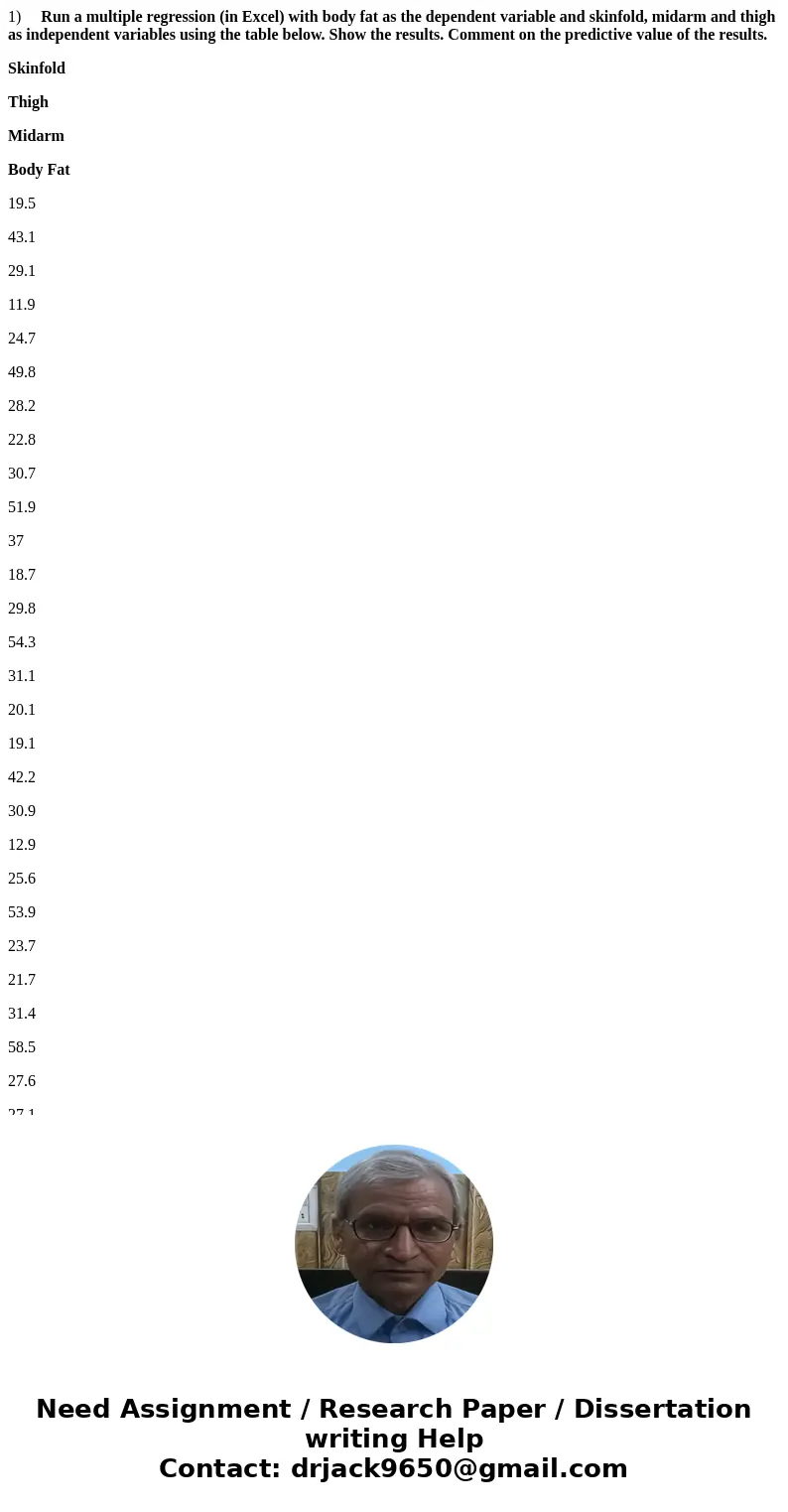 1) Run a multiple regression (in Excel) with body fat as the dependent variable and skinfold, midarm and thigh as independent variables using the table below. S 1) Run a multiple regression (in Excel) with body fat as the dependent variable and skinfold, midarm and thigh as independent variables using the table below. S