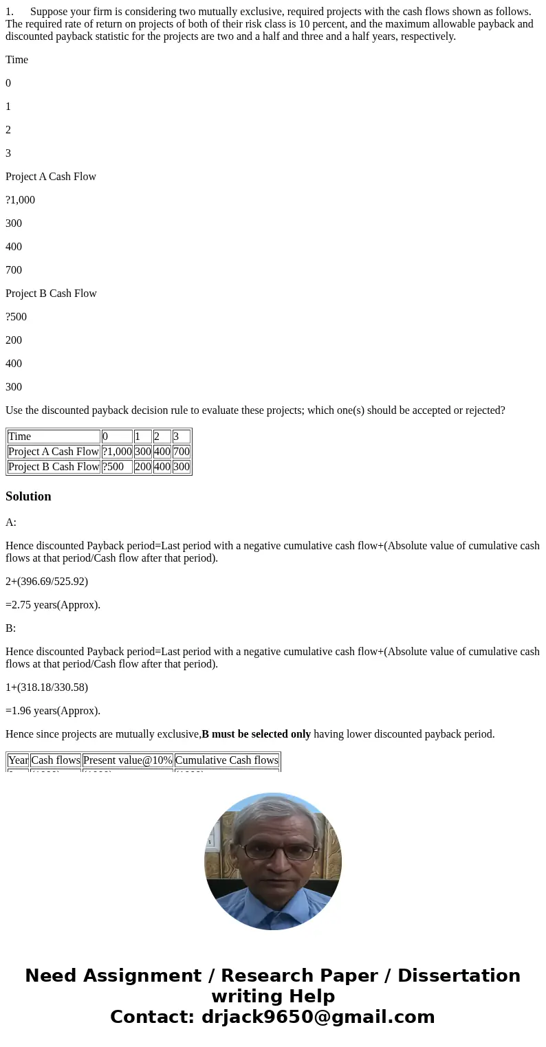 1. Suppose your firm is considering two mutually exclusive, required projects with the cash flows shown as follows. The required rate of return on projects of b