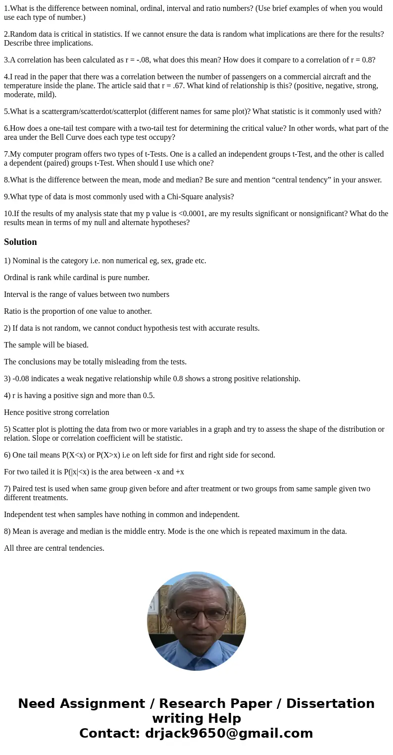 1.What is the difference between nominal, ordinal, interval and ratio numbers? (Use brief examples of when you would use each type of number.) 2.Random data is 