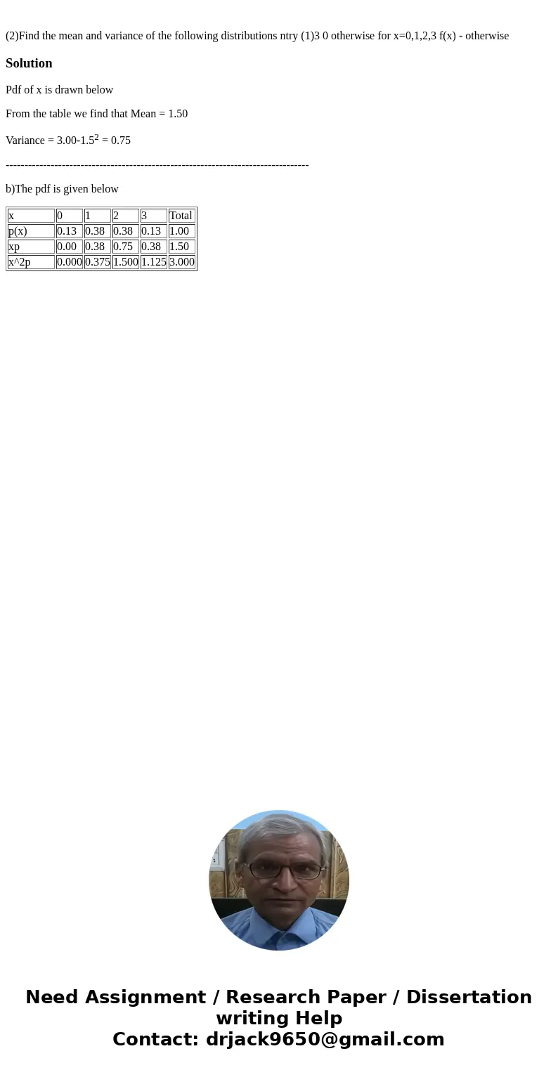  (2)Find the mean and variance of the following distributions ntry (1)3 0 otherwise for x=0,1,2,3 f(x) - otherwise SolutionPdf of x is drawn below From the tabl