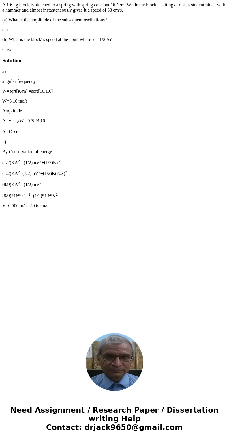 A 1.6 kg block is attached to a spring with spring constant 16 N/m. While the block is sitting at rest, a student hits it with a hammer and almost instantaneous