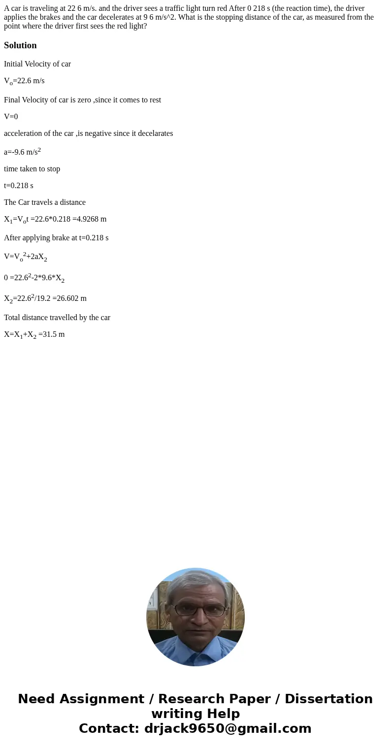 A car is traveling at 22 6 m/s. and the driver sees a traffic light turn red After 0 218 s (the reaction time), the driver applies the brakes and the car decel  A car is traveling at 22 6 m/s. and the driver sees a traffic light turn red After 0 218 s (the reaction time), the driver applies the brakes and the car decel