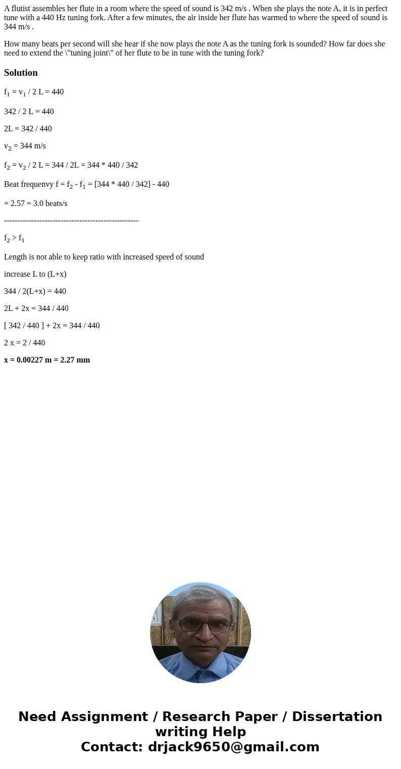 A flutist assembles her flute in a room where the speed of sound is 342 m/s . When she plays the note A, it is in perfect tune with a 440 Hz tuning fork. After  A flutist assembles her flute in a room where the speed of sound is 342 m/s . When she plays the note A, it is in perfect tune with a 440 Hz tuning fork. After