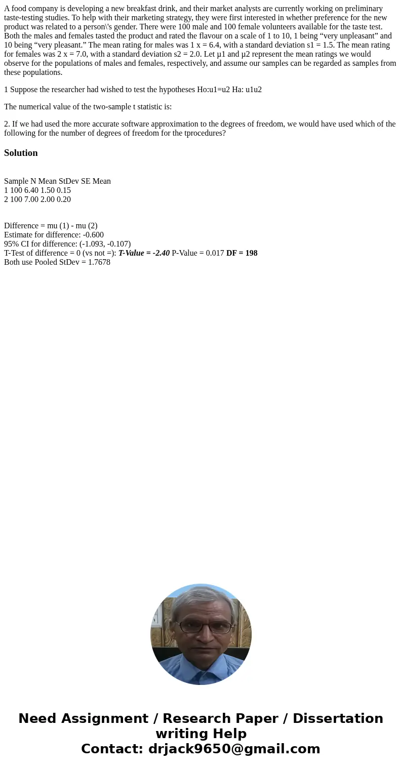 A food company is developing a new breakfast drink, and their market analysts are currently working on preliminary taste-testing studies. To help with their mar