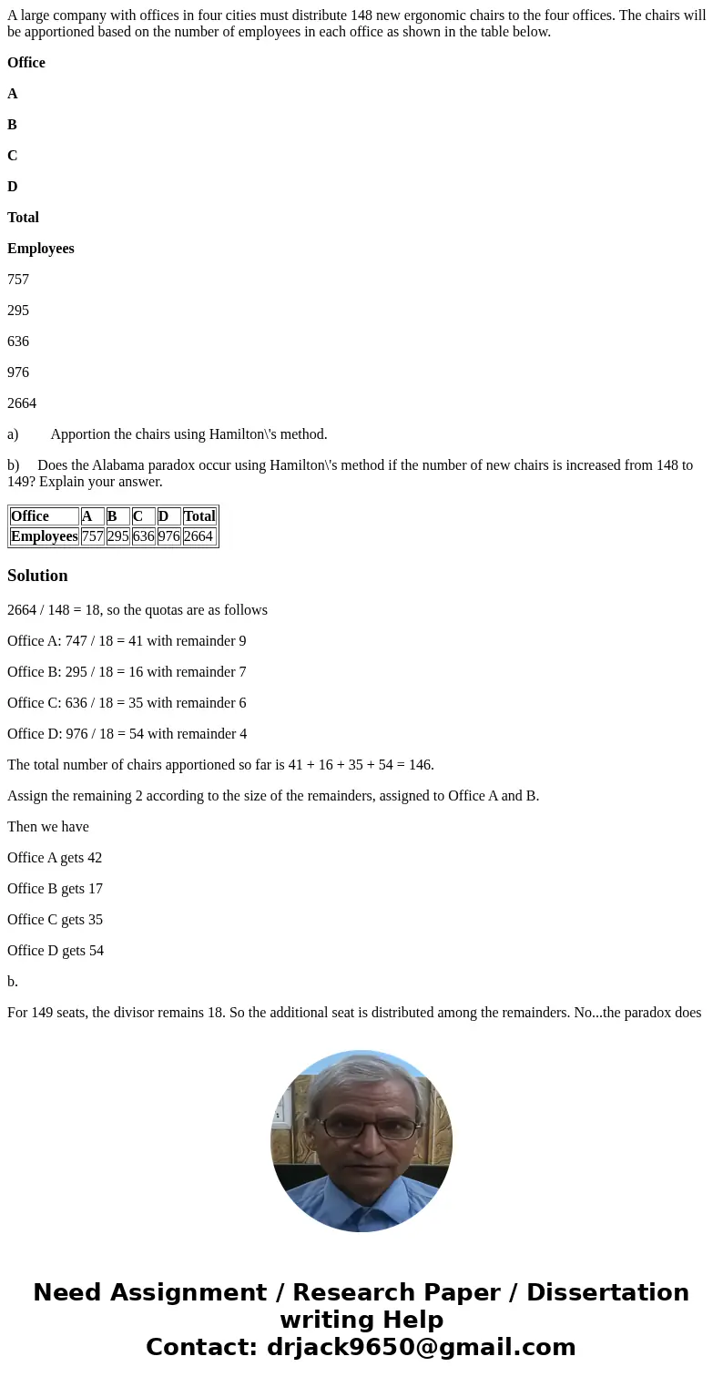 A large company with offices in four cities must distribute 148 new ergonomic chairs to the four offices. The chairs will be apportioned based on the number of  A large company with offices in four cities must distribute 148 new ergonomic chairs to the four offices. The chairs will be apportioned based on the number of
