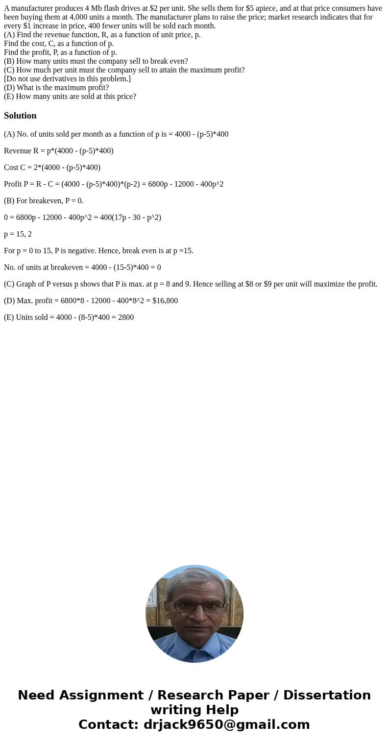 A manufacturer produces 4 Mb flash drives at $2 per unit. She sells them for $5 apiece, and at that price consumers have been buying them at 4,000 units a month
