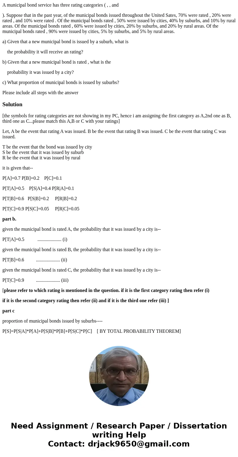 A municipal bond service has three rating categories ( , , and ). Suppose that in the past year, of the municipal bonds issued throughout the United Sates, 70% 