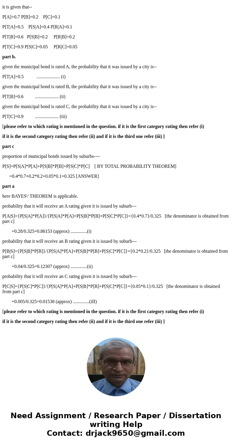 A municipal bond service has three rating categories ( , , and ). Suppose that in the past year, of the municipal bonds issued throughout the United Sates, 70% 