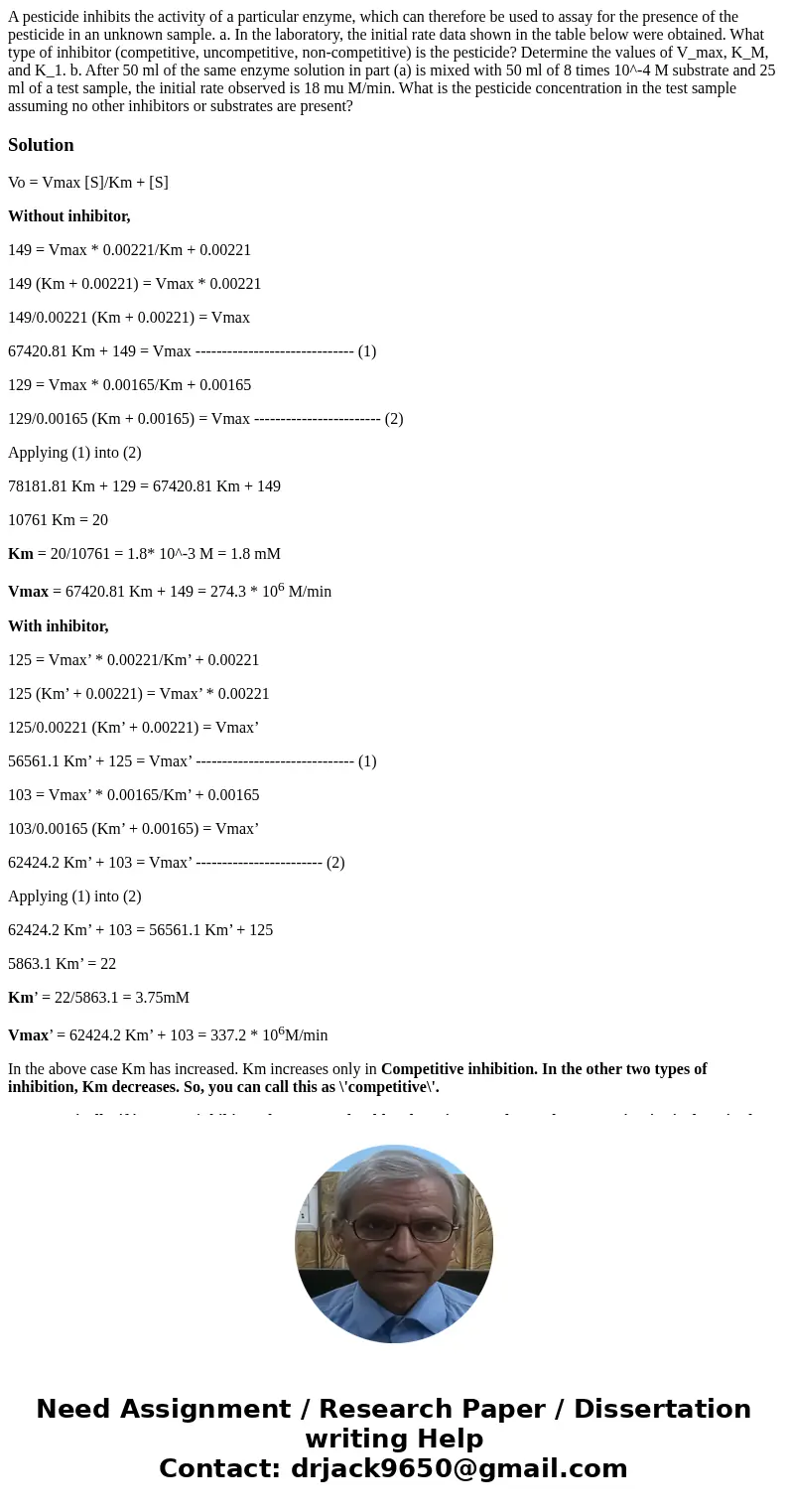  A pesticide inhibits the activity of a particular enzyme, which can therefore be used to assay for the presence of the pesticide in an unknown sample. a. In th