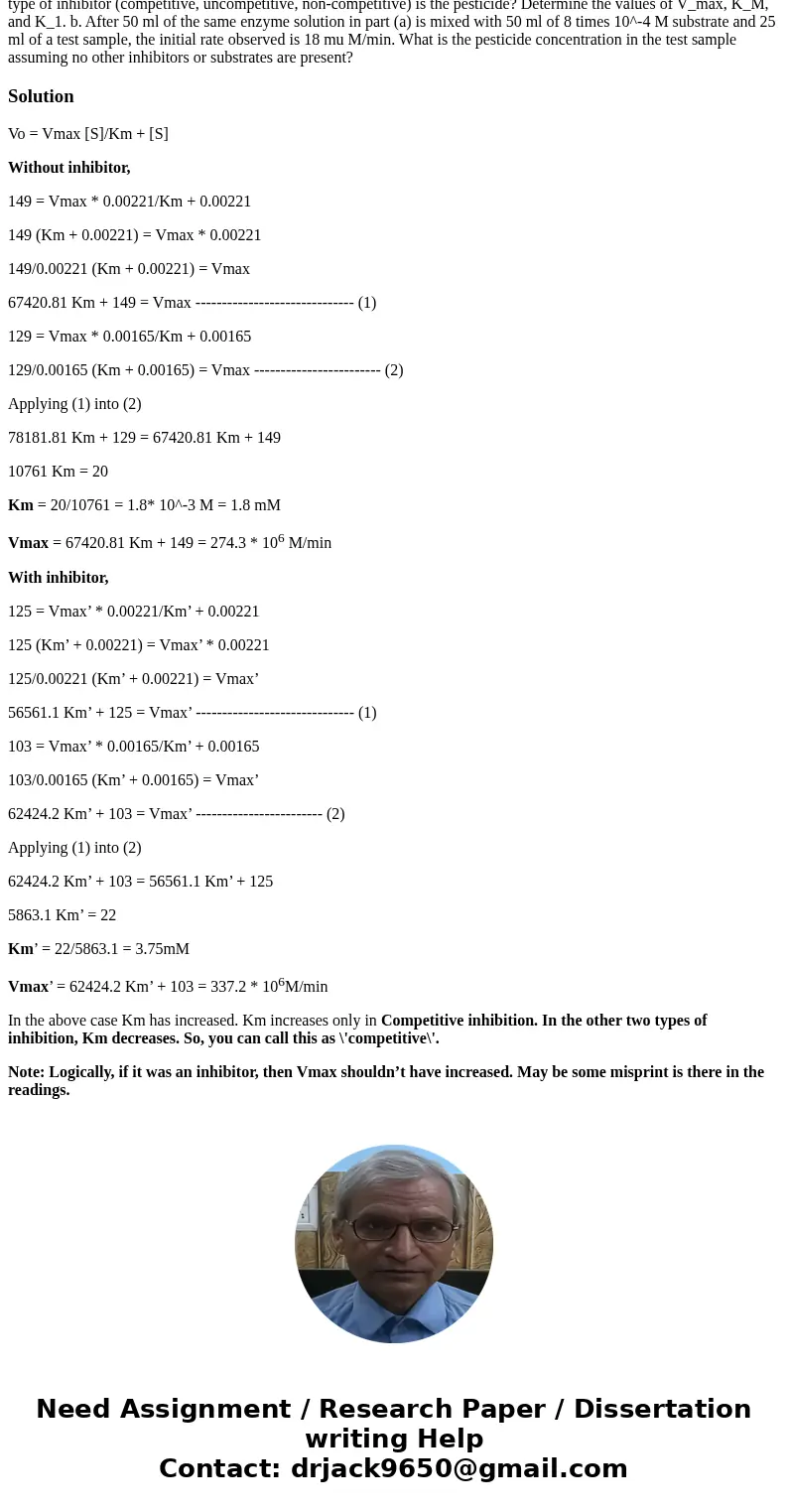  A pesticide inhibits the activity of a particular enzyme, which can therefore be used to assay for the presence of the pesticide in an unknown sample. a. In th