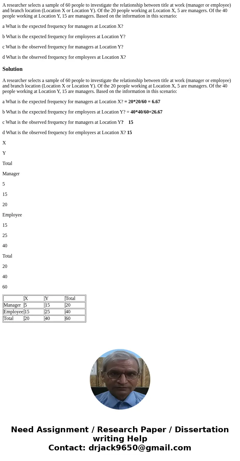 A researcher selects a sample of 60 people to investigate the relationship between title at work (manager or employee) and branch location (Location X or Locati