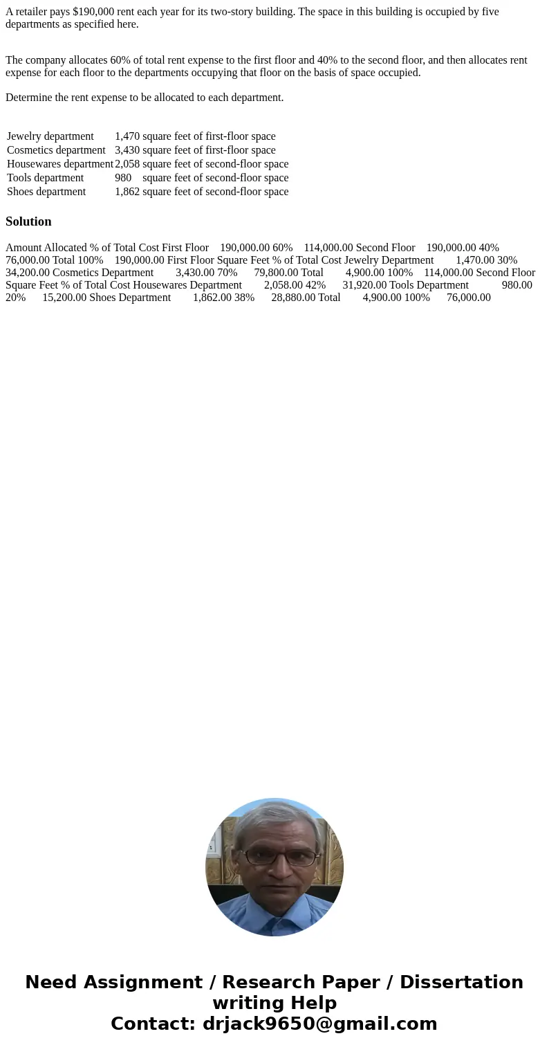 A retailer pays $190,000 rent each year for its two-story building. The space in this building is occupied by five departments as specified here. The company al