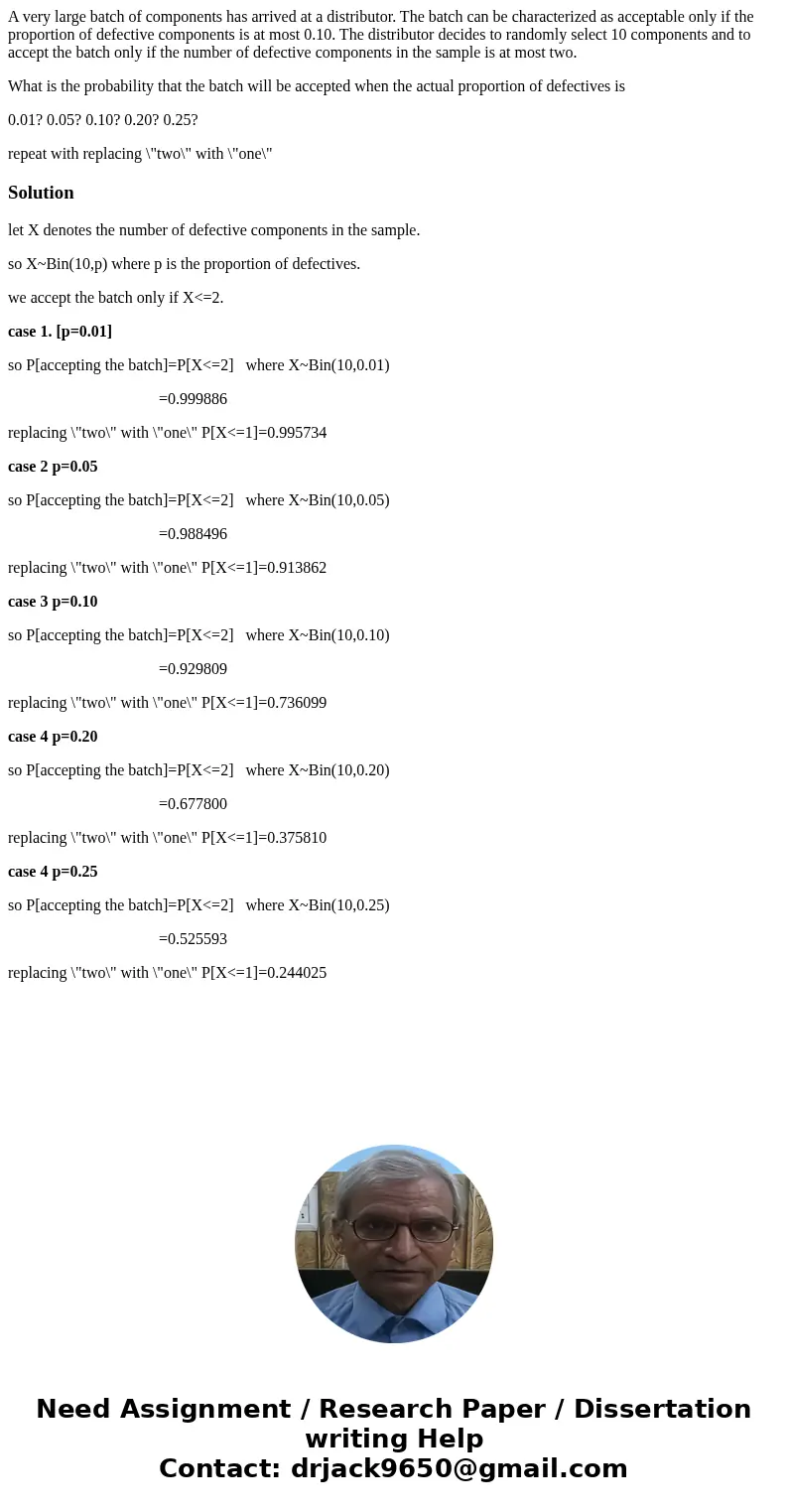A very large batch of components has arrived at a distributor. The batch can be characterized as acceptable only if the proportion of defective components is at