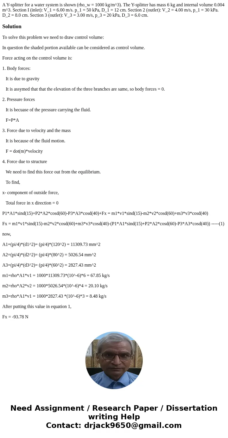  A Y-splitter for a water system is shown (rho_w = 1000 kg/m^3). The Y-splitter has mass 6 kg and internal volume 0.004 m^3. Section I (inlet): V_1 = 6.00 m/s. 