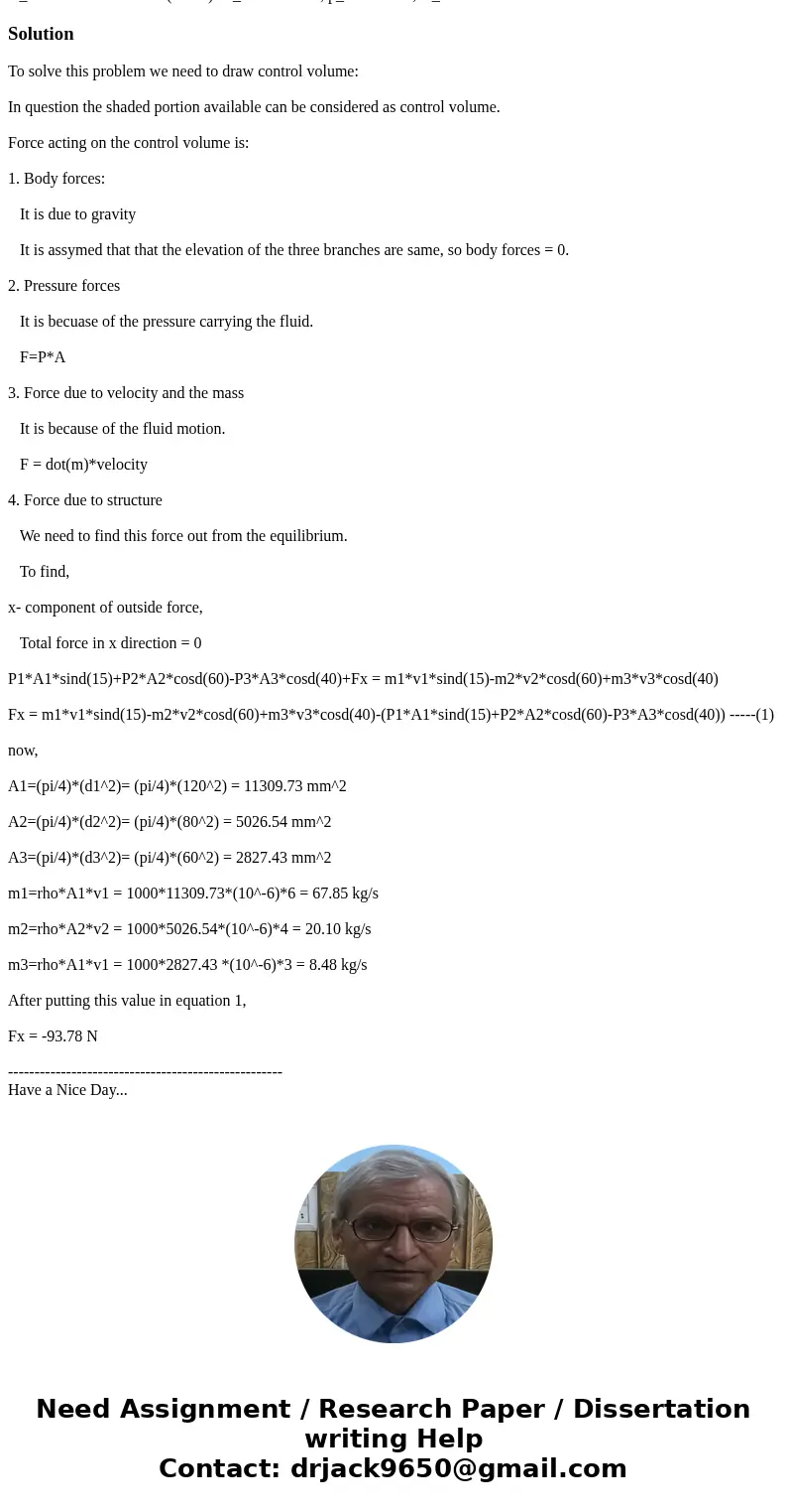  A Y-splitter for a water system is shown (rho_w = 1000 kg/m^3). The Y-splitter has mass 6 kg and internal volume 0.004 m^3. Section I (inlet): V_1 = 6.00 m/s. 