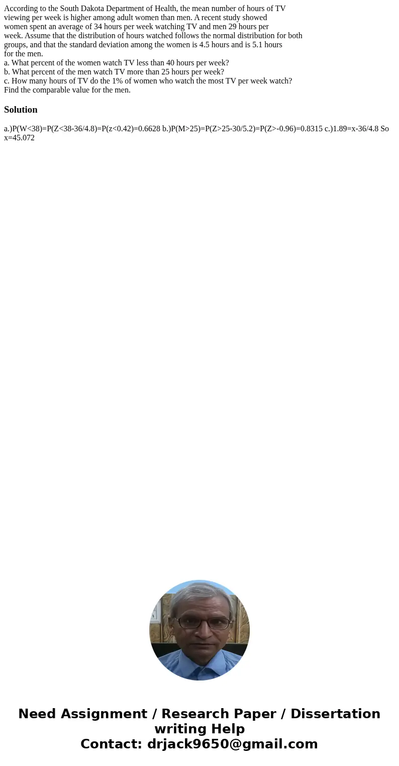 According to the South Dakota Department of Health, the mean number of hours of TV viewing per week is higher among adult women than men. A recent study showed 