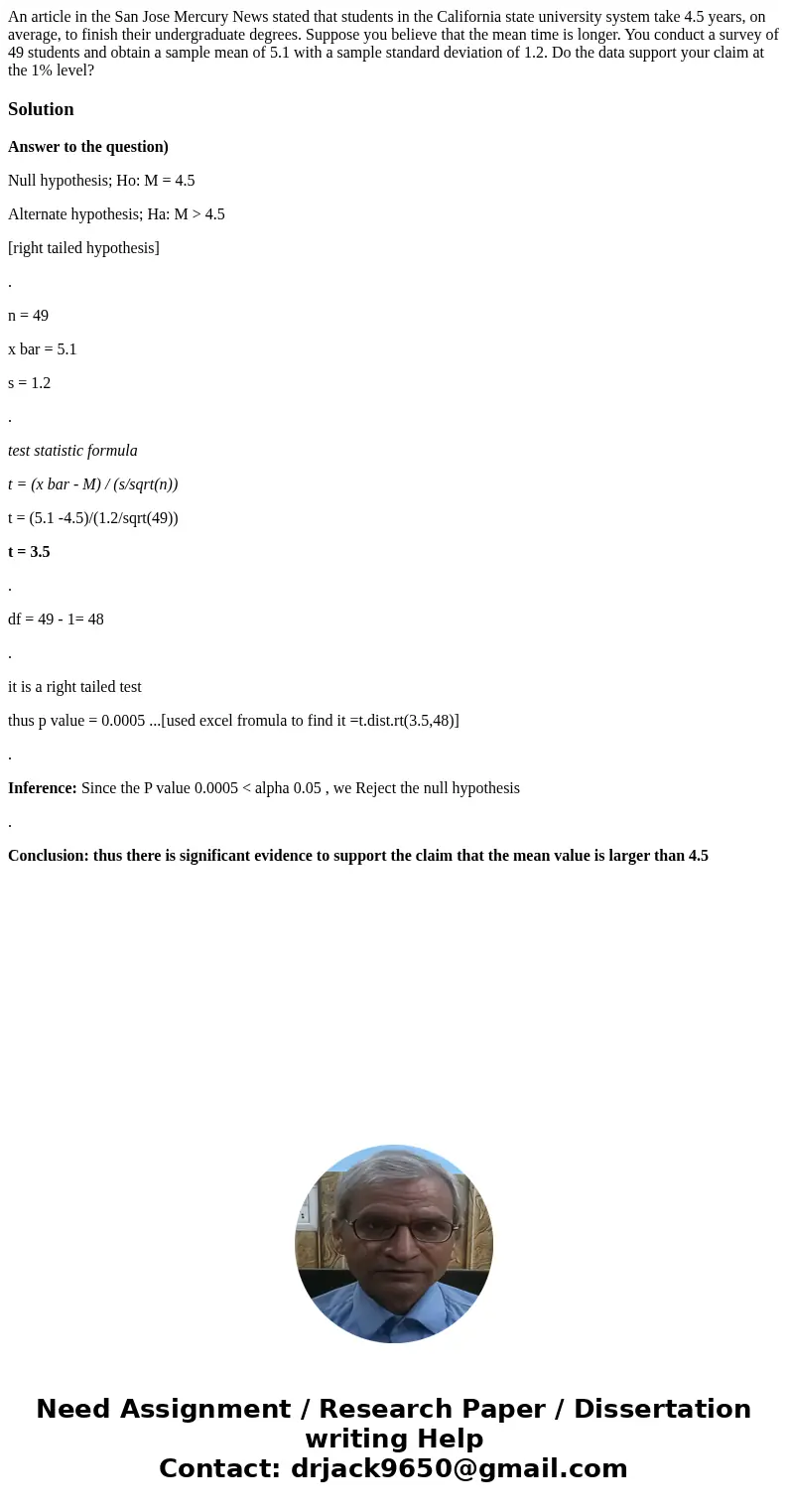 An article in the San Jose Mercury News stated that students in the California state university system take 4.5 years, on average, to finish their undergraduate