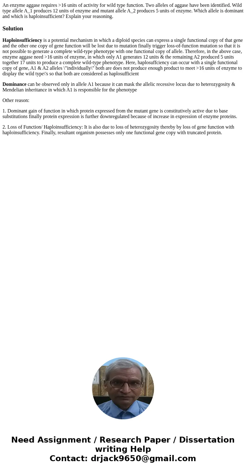 An enzyme aggase requires >16 units of activity for wild type function. Two alleles of aggase have been identified. Wild type allele A_1 produces 12 units o