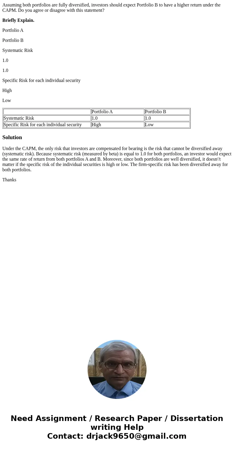 Assuming both portfolios are fully diversified, investors should expect Portfolio B to have a higher return under the CAPM. Do you agree or disagree with this s