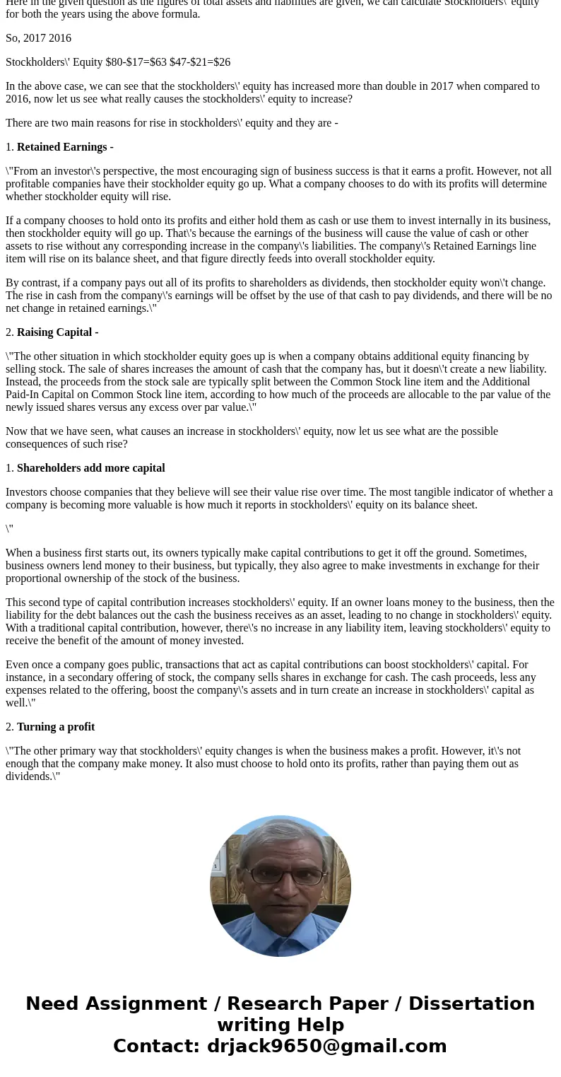 Begin by reviewing the labels for the change in stockholders\' equity and then enter the amounts for each situation 2017 2016 Total assets $ 80 $ 47 Total liabi