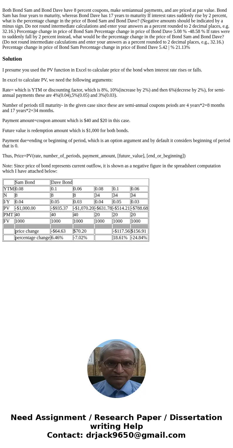  Both Bond Sam and Bond Dave have 8 percent coupons, make semiannual payments, and are priced at par value. Bond Sam has four years to maturity, whereas Bond Da