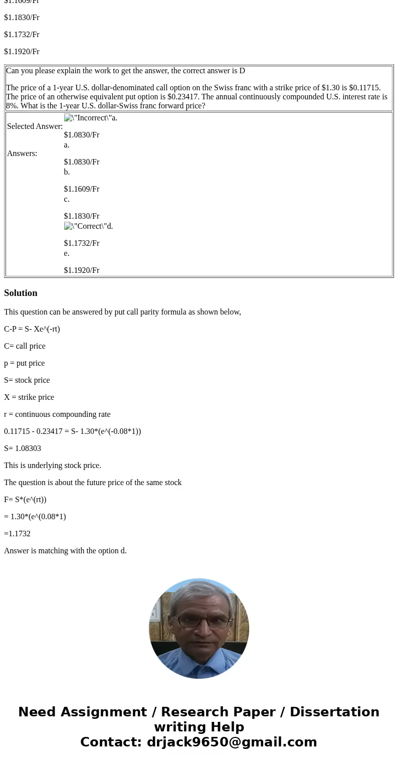 Can you please explain the work to get the answer, the correct answer is D The price of a 1-year U.S. dollar-denominated call option on the Swiss franc with a s