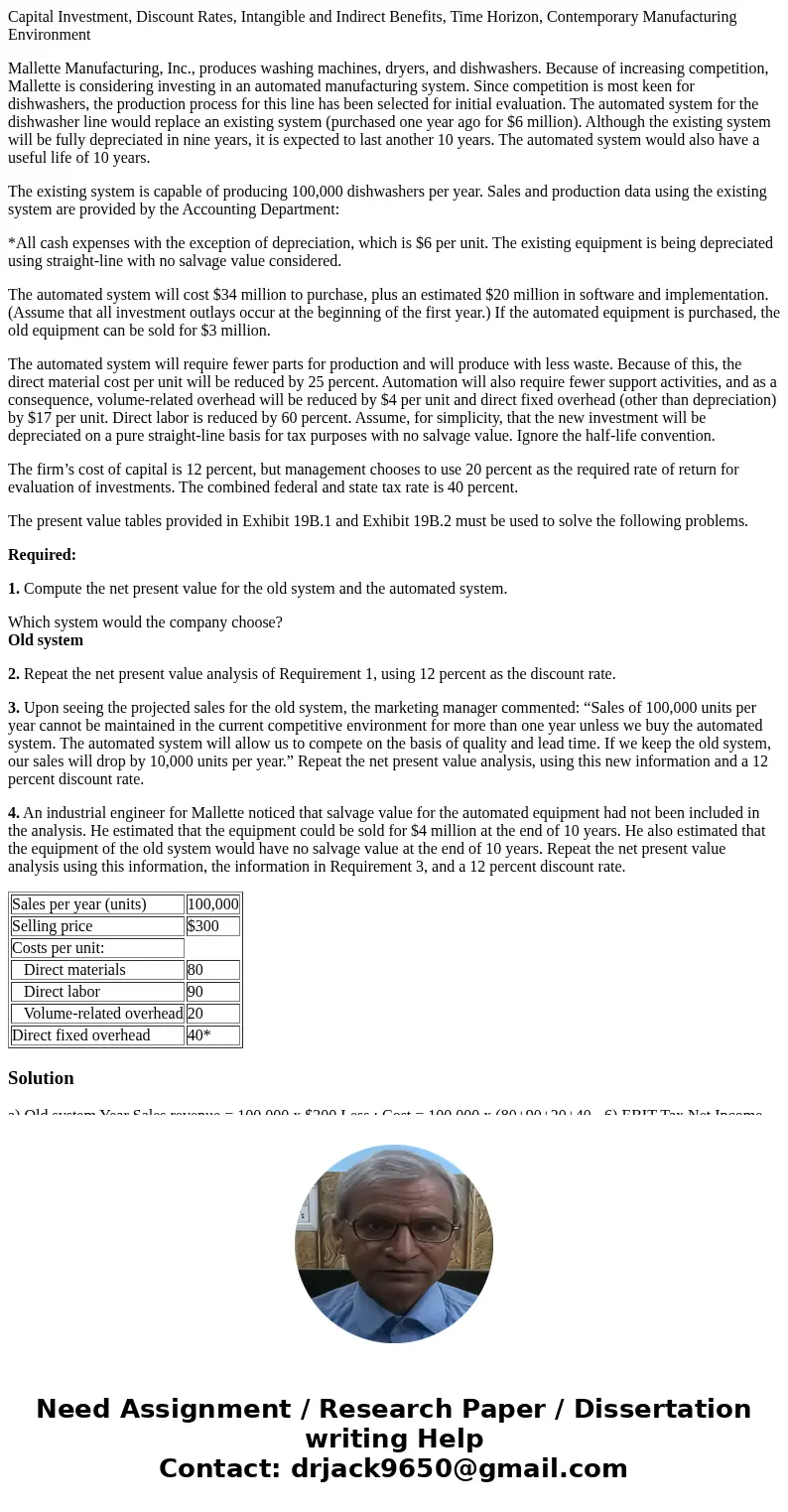 Capital Investment, Discount Rates, Intangible and Indirect Benefits, Time Horizon, Contemporary Manufacturing Environment Mallette Manufacturing, Inc., produce