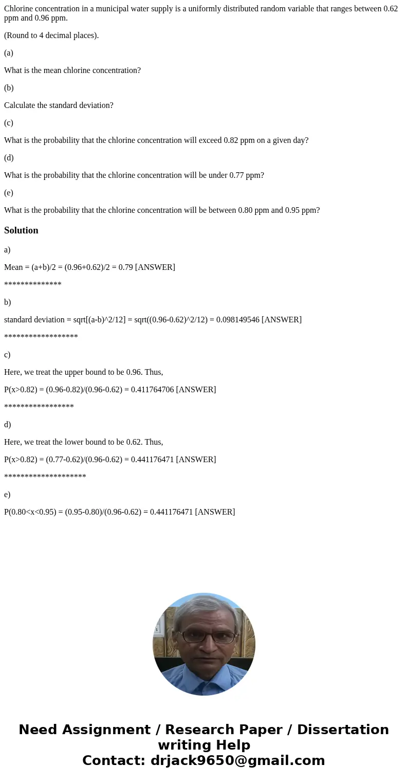 Chlorine concentration in a municipal water supply is a uniformly distributed random variable that ranges between 0.62 ppm and 0.96 ppm. (Round to 4 decimal pla