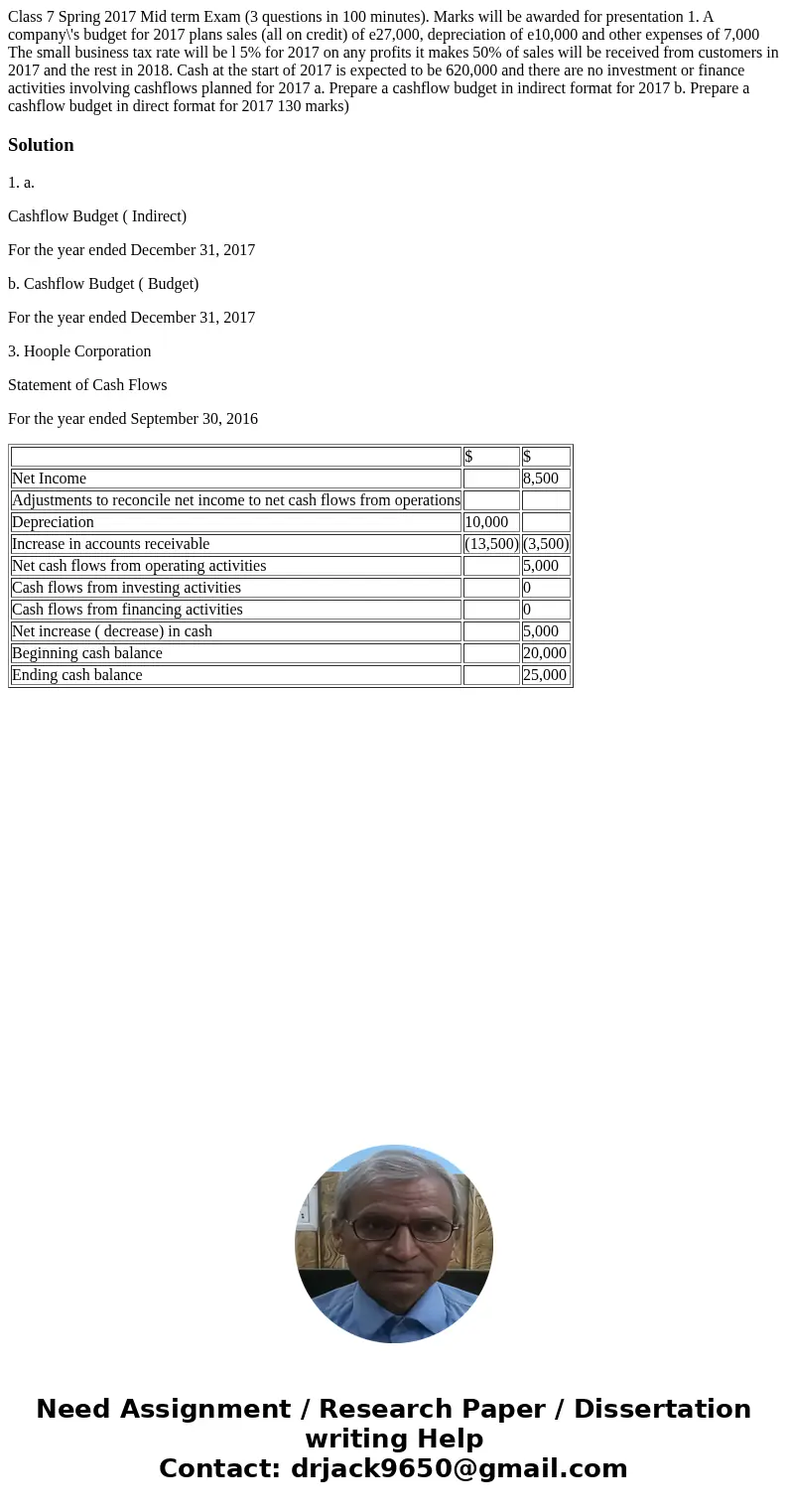  Class 7 Spring 2017 Mid term Exam (3 questions in 100 minutes). Marks will be awarded for presentation 1. A company\'s budget for 2017 plans sales (all on cred