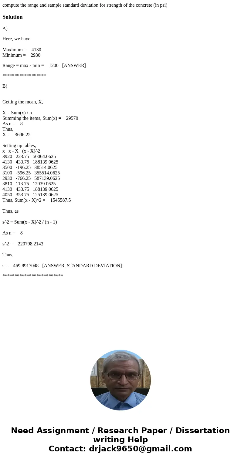 compute the range and sample standard deviation for strength of the concrete (in psi)SolutionA) Here, we have Maximum = 4130 Minimum = 2930 Range = max - min = 