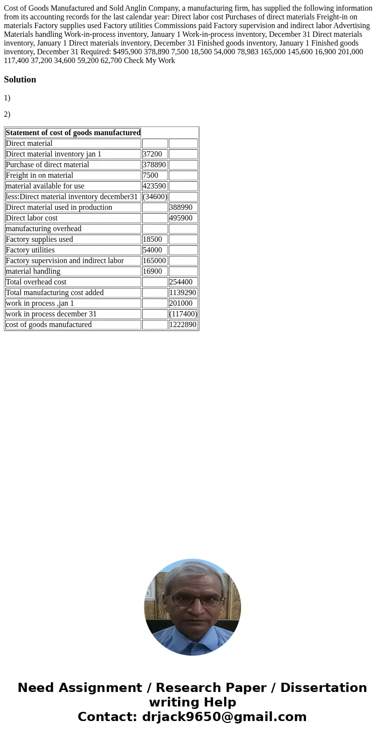  Cost of Goods Manufactured and Sold Anglin Company, a manufacturing firm, has supplied the following information from its accounting records for the last calen