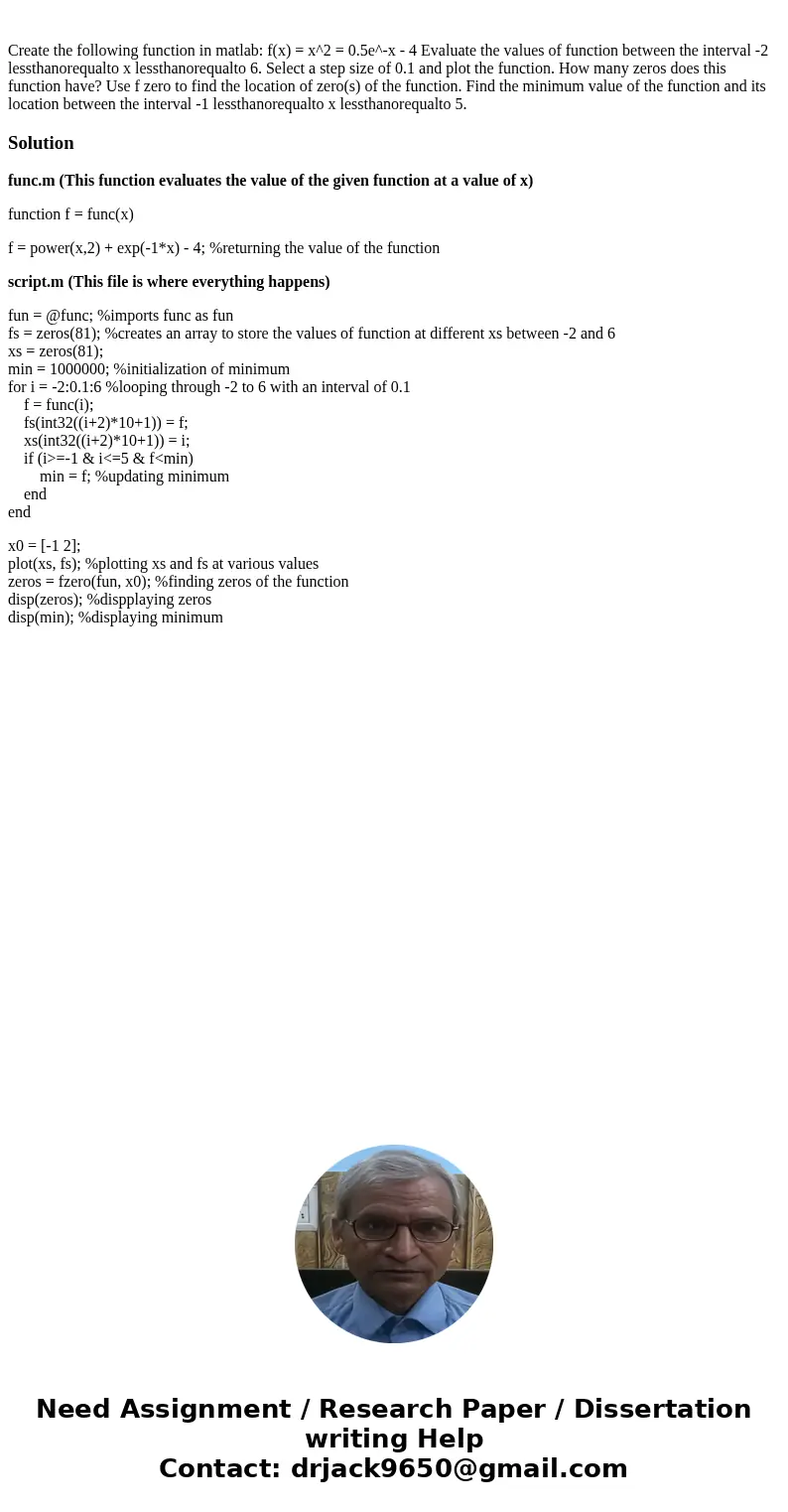  Create the following function in matlab: f(x) = x^2 = 0.5e^-x - 4 Evaluate the values of function between the interval -2 lessthanorequalto x lessthanorequalto