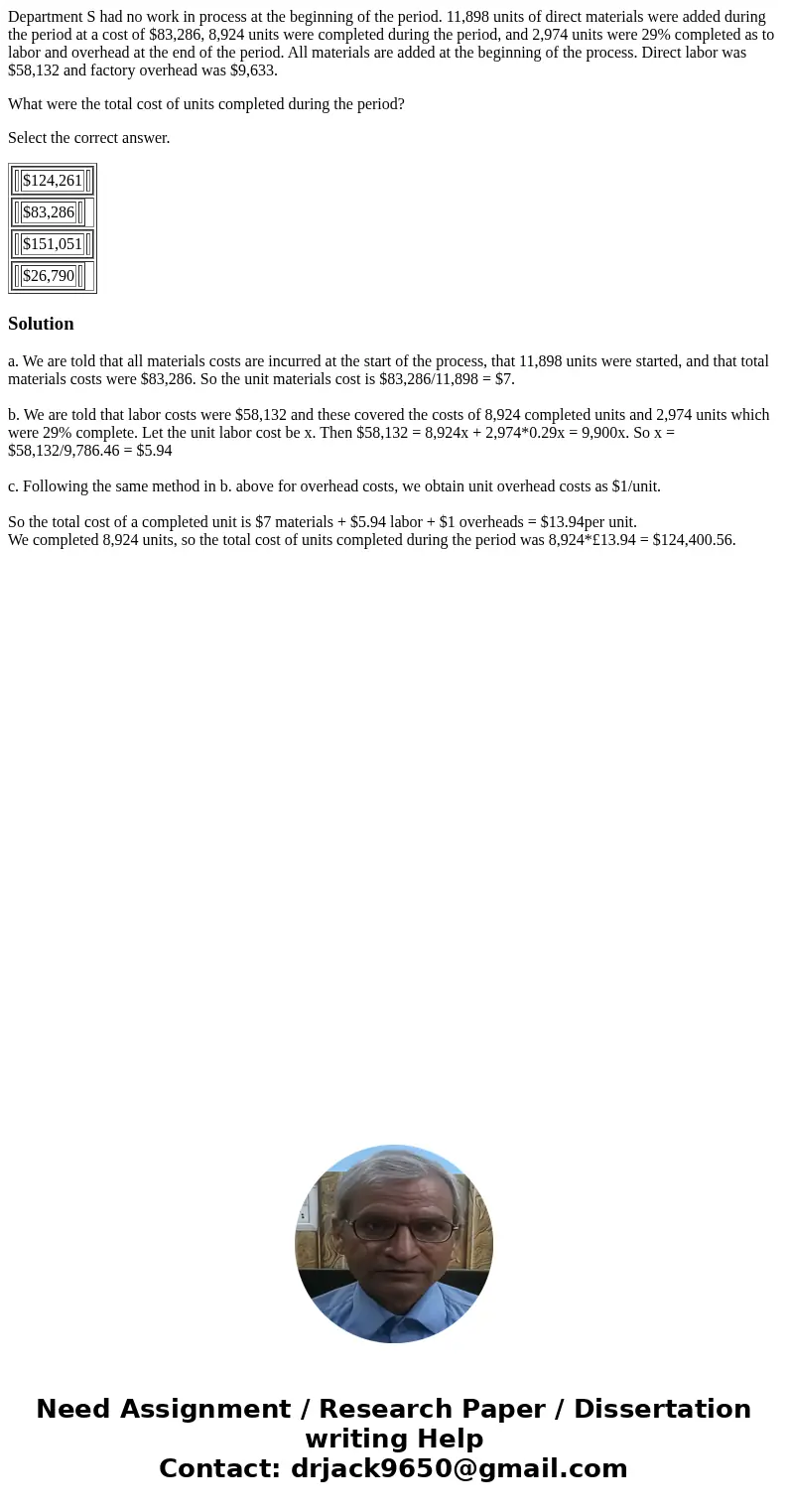 Department S had no work in process at the beginning of the period. 11,898 units of direct materials were added during the period at a cost of $83,286, 8,924 un