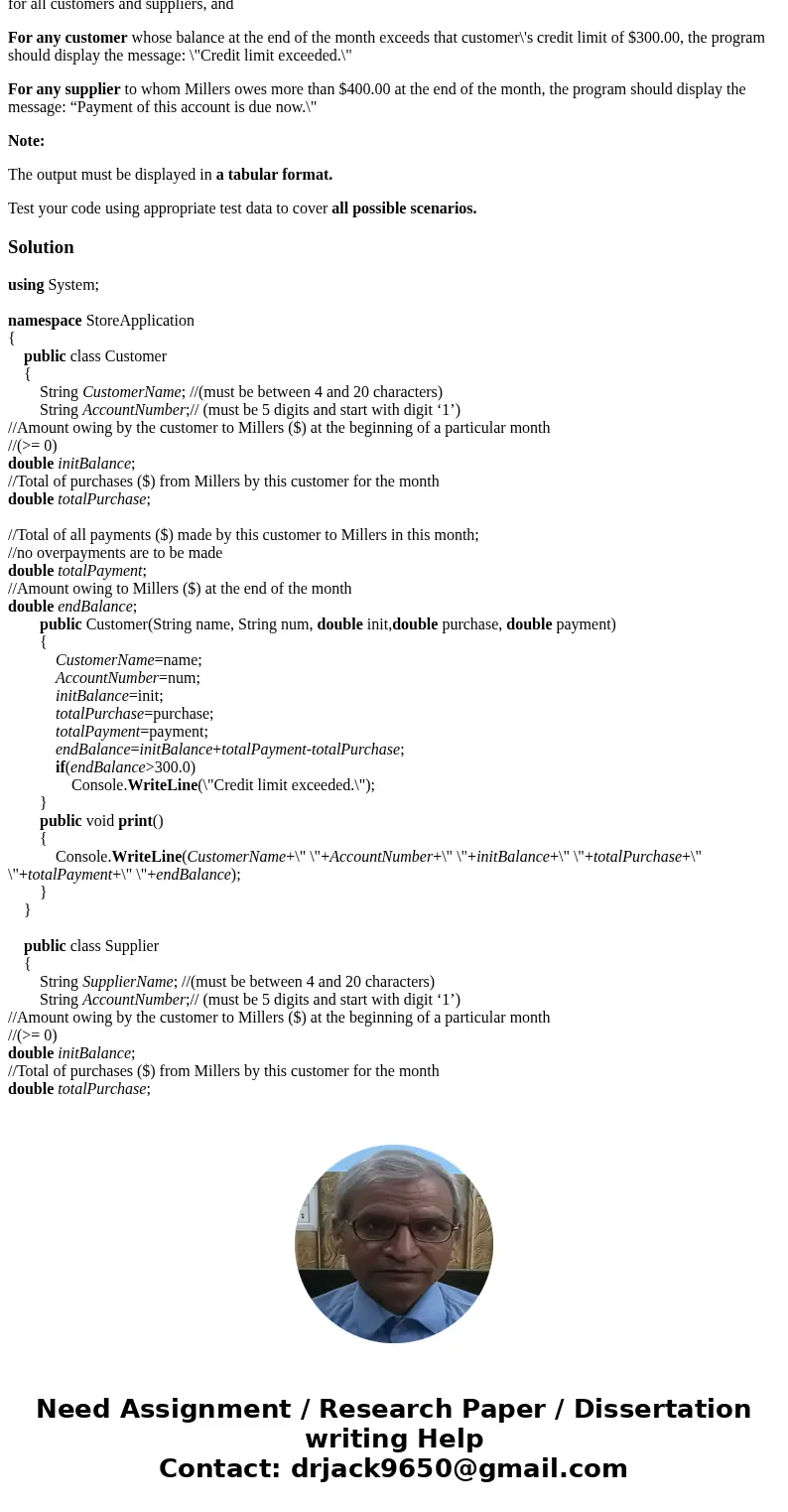 develop a C# object-oriented solution to determine: The customers who have exceeded the limit of $300.00 on their accounts, and The suppliers to whom Millers ow