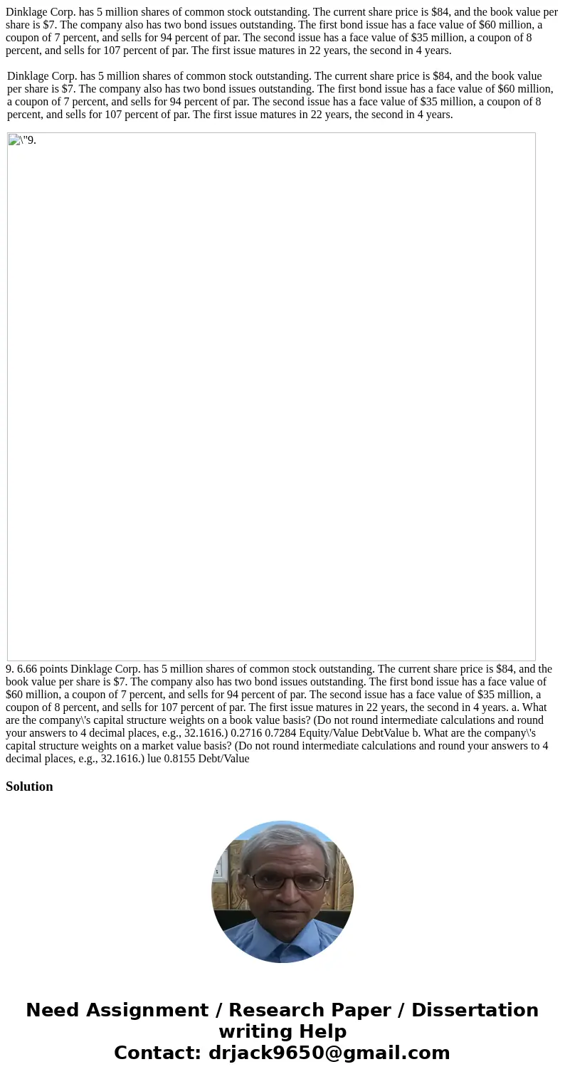 Dinklage Corp. has 5 million shares of common stock outstanding. The current share price is $84, and the book value per share is $7. The company also has two bo