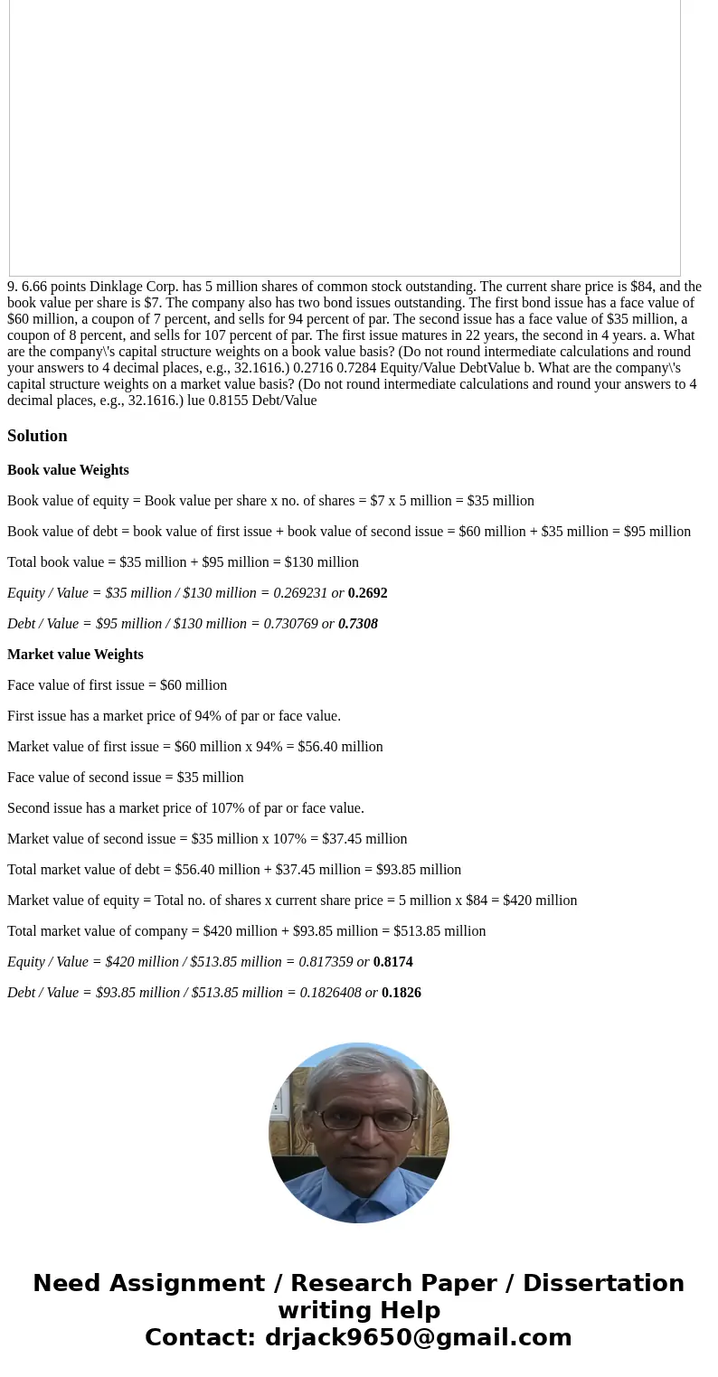 Dinklage Corp. has 5 million shares of common stock outstanding. The current share price is $84, and the book value per share is $7. The company also has two bo